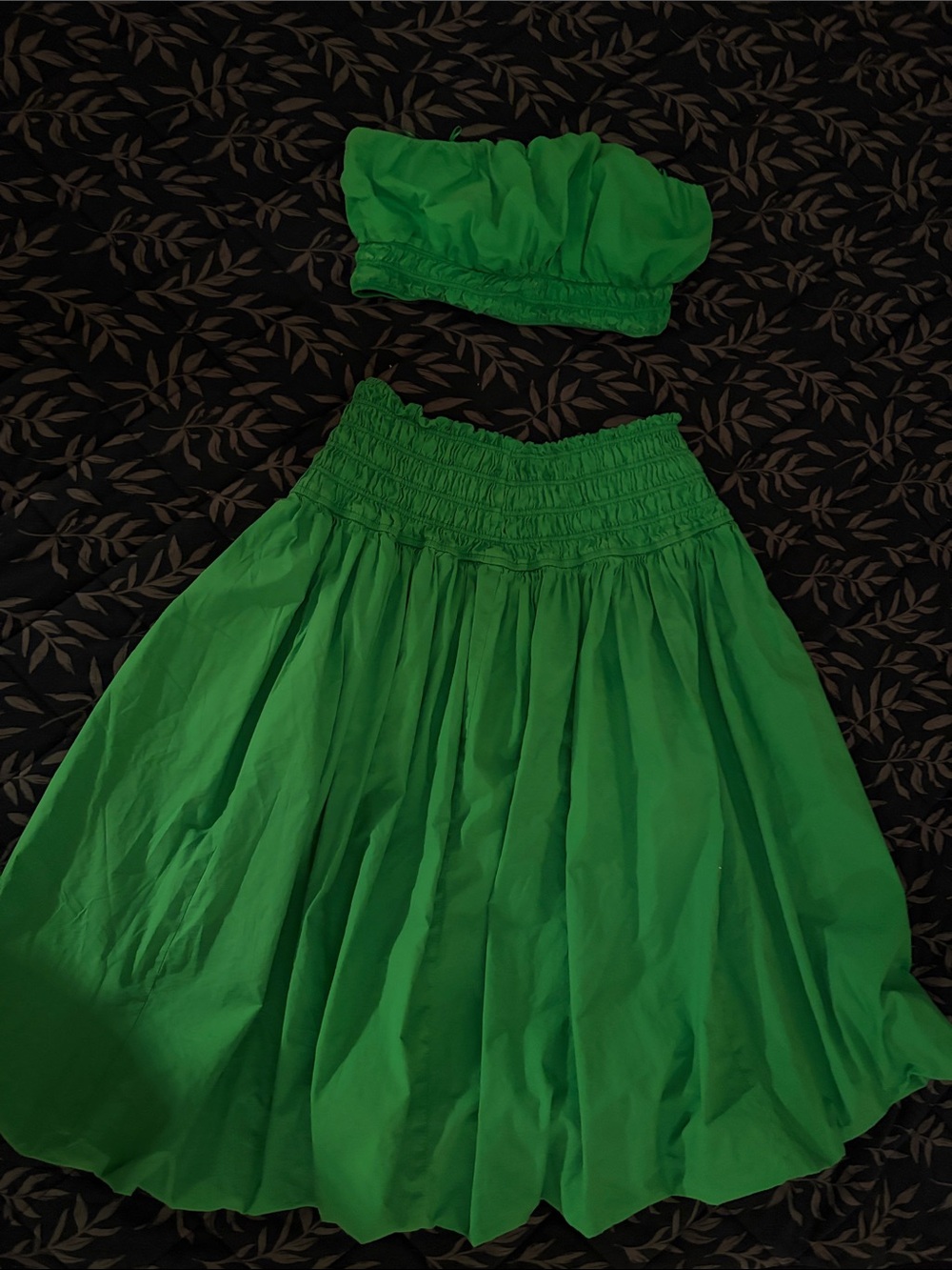 Astr Bright Green Smocked Midi Skirt with Matching Bandeau